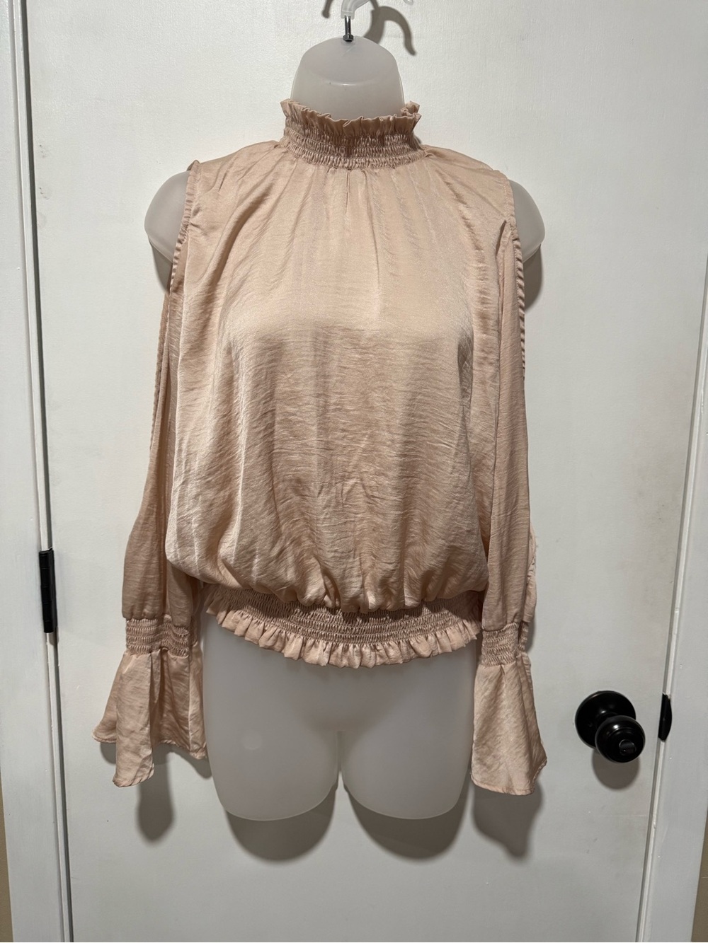 Bar III Blush Mock-Neck Cold-Shoulder Blouson Top-#1454